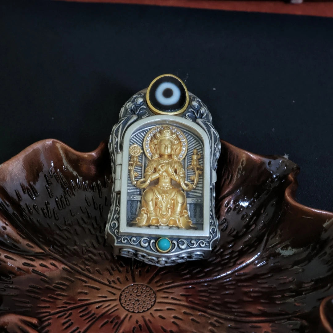 Tibetan Buddhist Jewelry Culture inspired rotating Maitreya crown pendant for daily protection