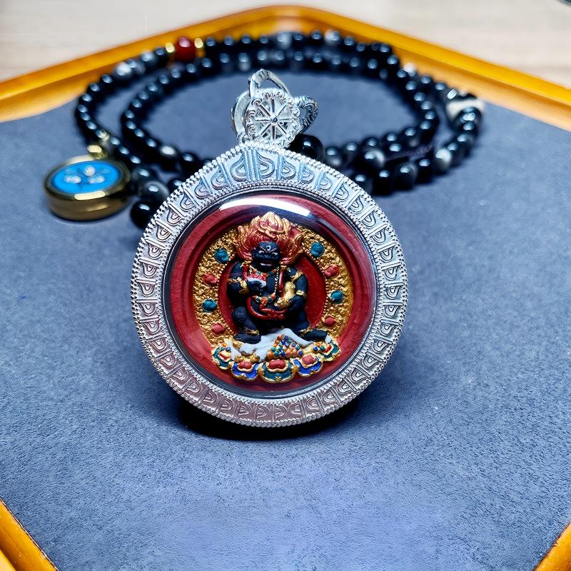 Tibetan Buddhist Jewelry Culture Tibetan Buddhist double-sided Yellow Black Jambhala Tsa Tsa silver Gawu amulet pendant, handcrafted mineral pigment Jewelry art