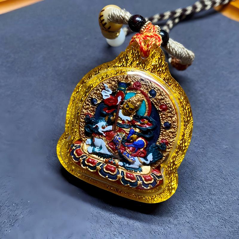 Tibetan Buddhist Jewelry Culture Tibetan Buddhist Jambhala multicolor Tsa Tsa amulet pendant, handcrafted mineral pigment jewelry art necklace for protection and fortune