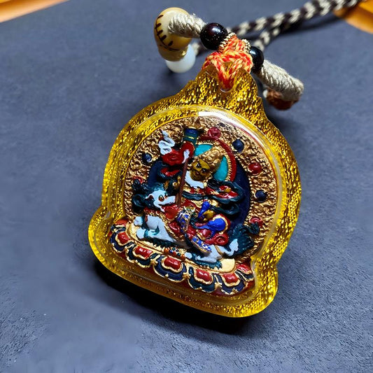 Tibetan Buddhist Jewelry Culture Tibetan Buddhist Jambhala multicolor Tsa Tsa amulet pendant, handcrafted mineral pigment jewelry art necklace for protection and fortune