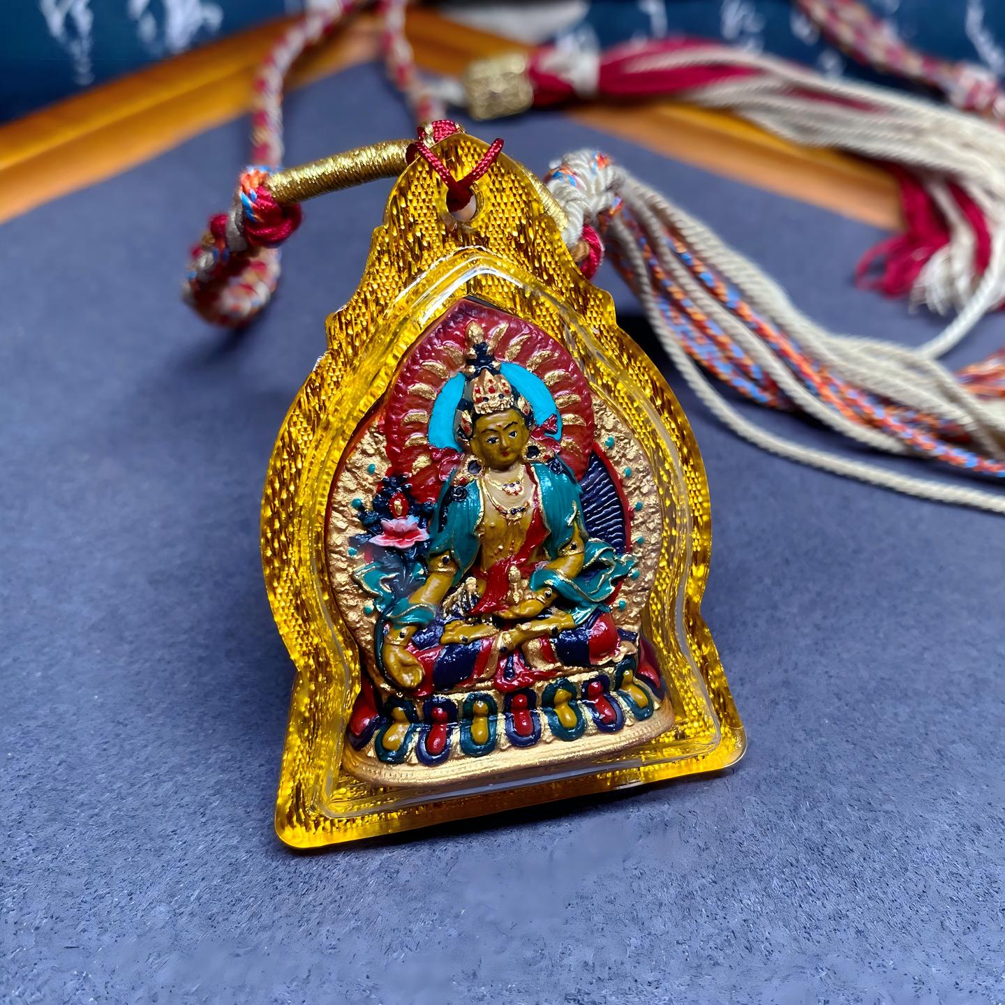 Tibetan Buddhist Jewelry Culture Tibetan Buddhist Ksitigarbha Bodhisattva multicolor Tsa Tsa amulet pendant, handcrafted mineral pigment jewelry art necklace for protection and blessings