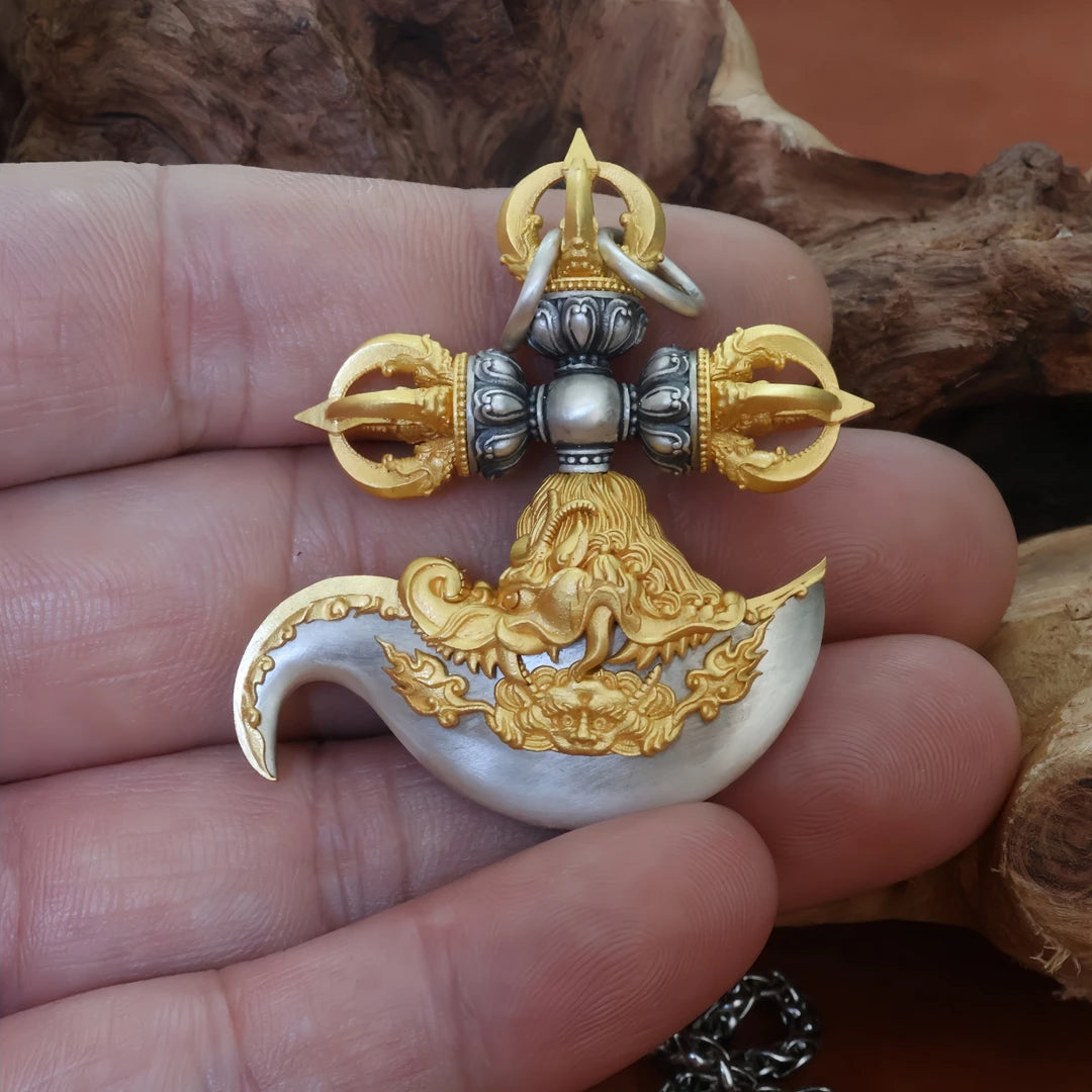 Tibetan Buddhist silver cross vajra jewelry art pendant, handcrafted spiritual talisman for protection.