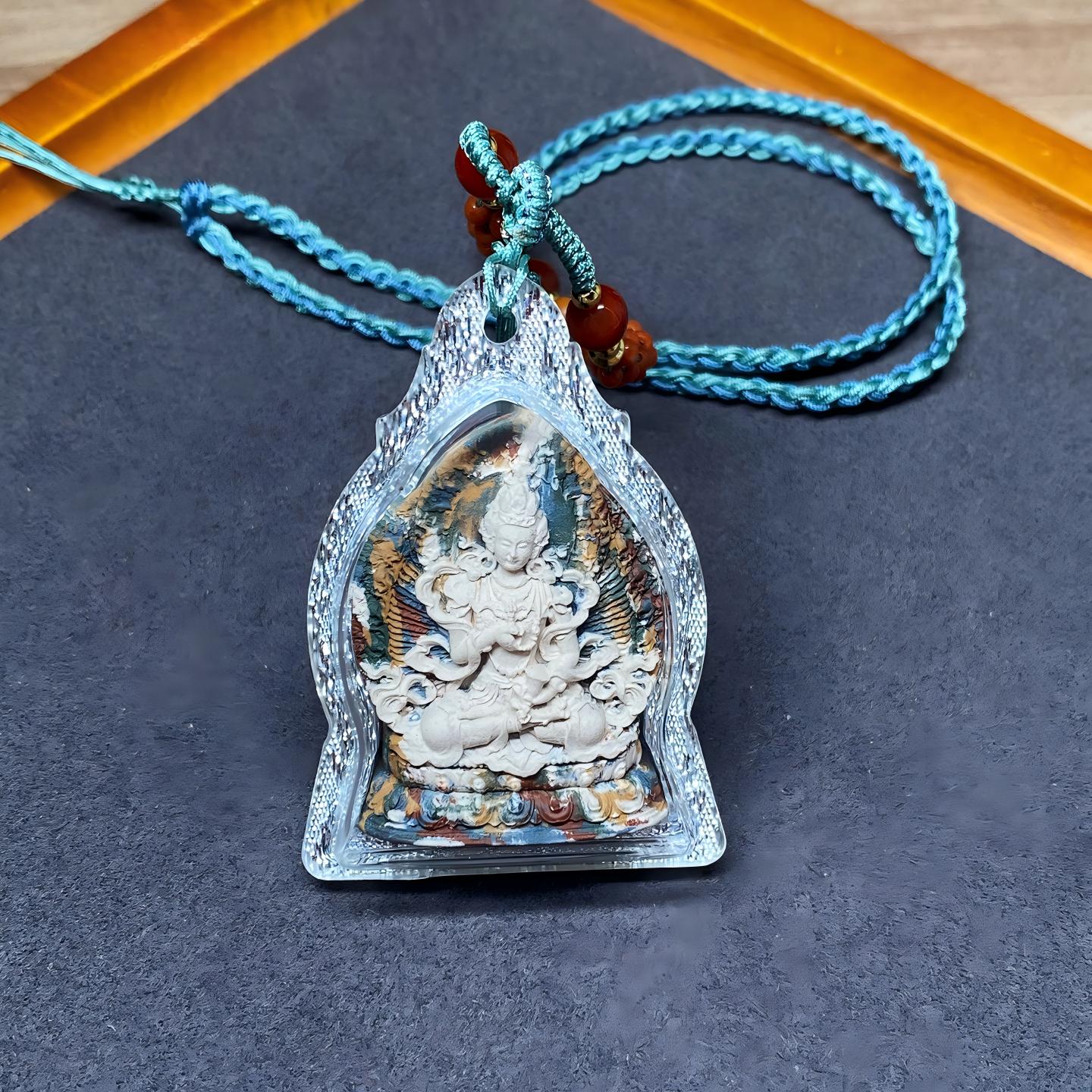 Tibetan Buddhist Jewelry Culture handmade Tibetan Vajrasattva Gawu box necklace featuring multicolor Tsa Tsa, Tibetan jewelry art amulet pendant