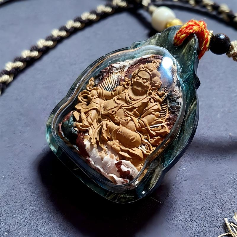 Tibetan Buddhist Jewelry Culture handmade Tibetan Yellow Jambhala Gawu box pendant featuring multicolor Tsa Tsa, Tibetan jewelry art necklace