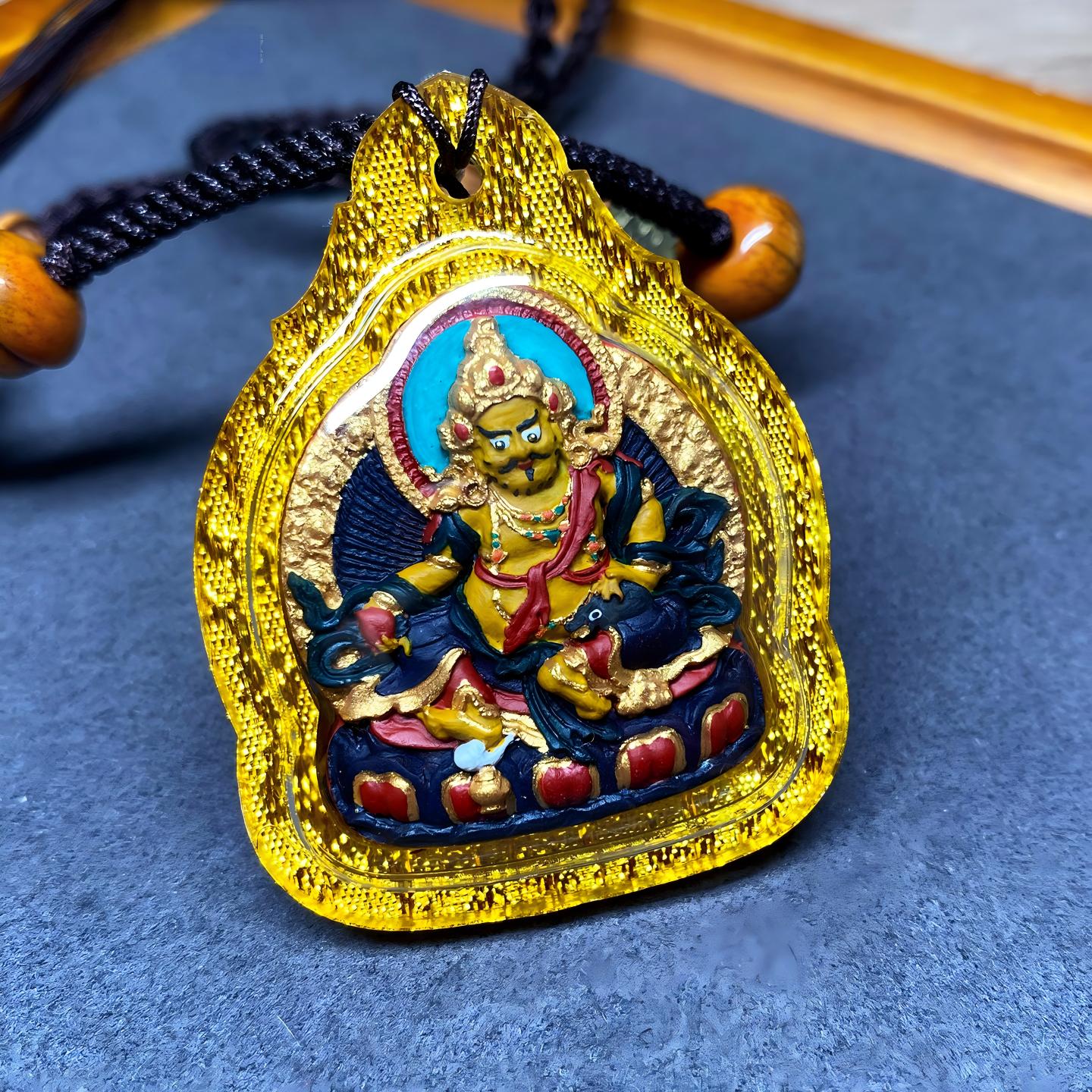 Tibetan Buddhist Jewelry Culture handmade Yellow Jambhala Tsa Tsa necklace pendant, handpainted mineral pigments, Tibetan Jewelry art pendant