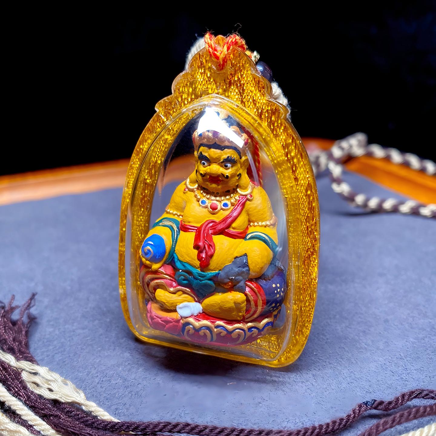 Tibetan Buddhist Jewelry Culture handmade 3D Yellow Jambhala Tsa Tsa necklace pendant, handpainted mineral pigments, Tibetan Jewelry art amulet for wealth
