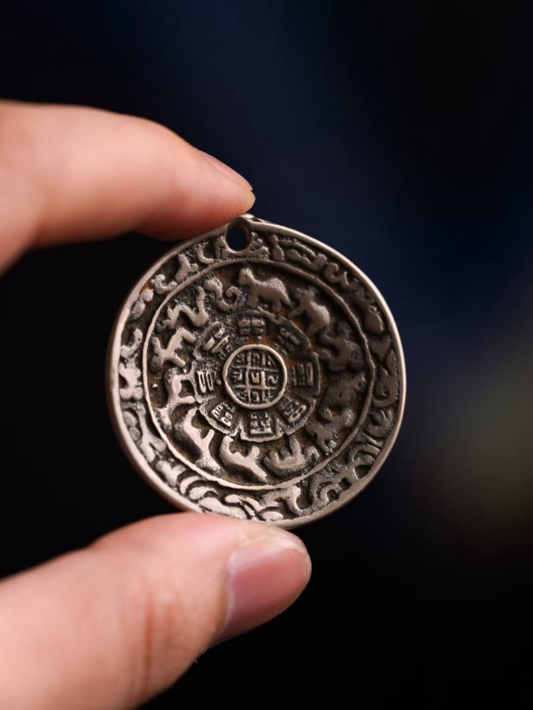 Traditional Bon Nine Palace pendant inspired by Tibetan Buddhist jewelry culture, hand-painted jewelry art amulet.