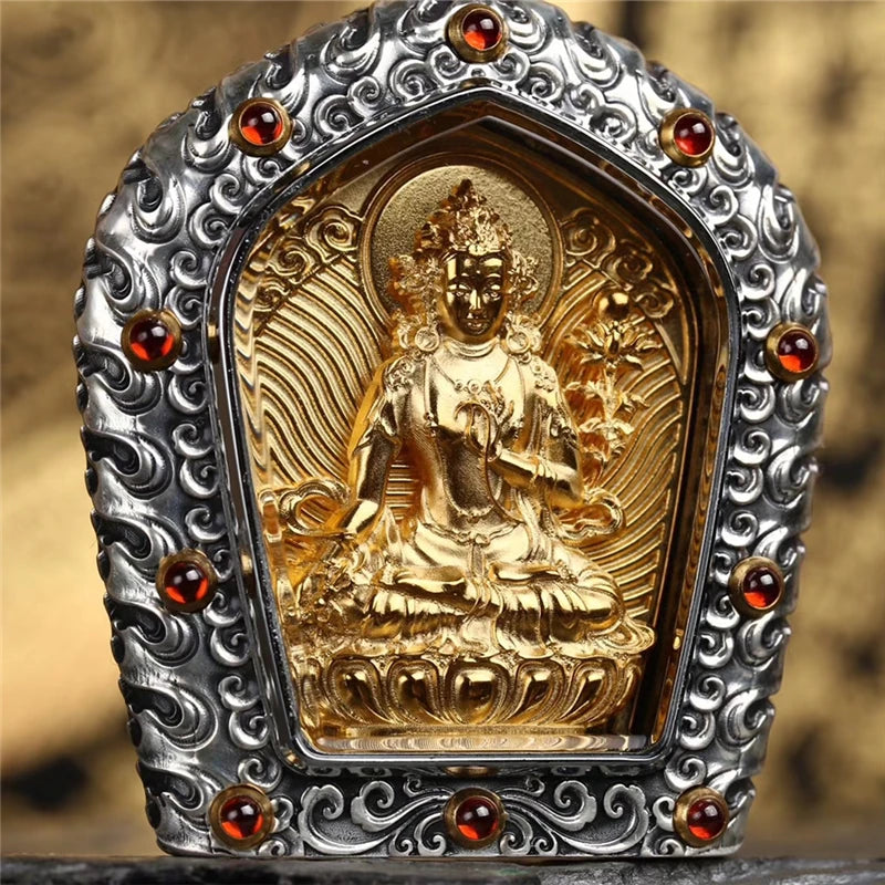 Traditional silver guardian Buddha necklace inspired by Tibetan Buddhist jewelry culture, symbolic jewelry art.