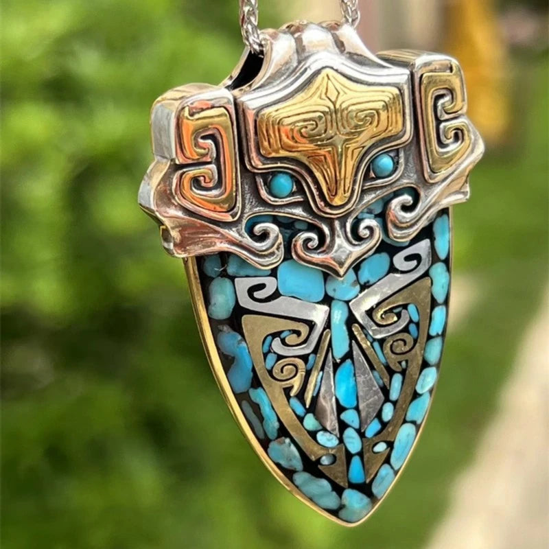 Unique Taotie Shield pendant necklace with hand-painted details, symbolizing Tibetan Buddhist culture