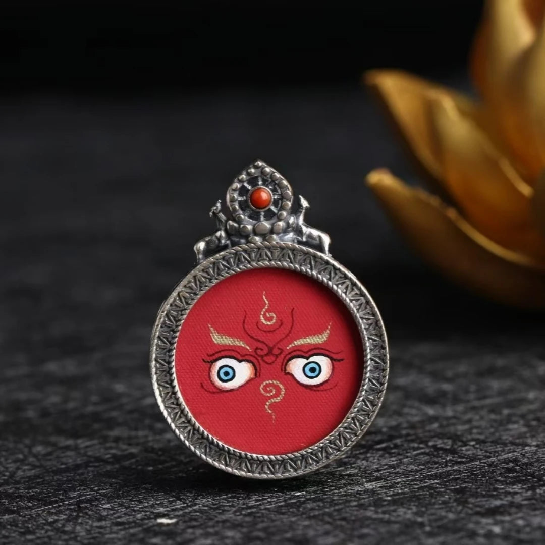 Unique Wulu Caishen Thangka necklace pendant, hand-painted with intricate Tibetan Buddhist designs