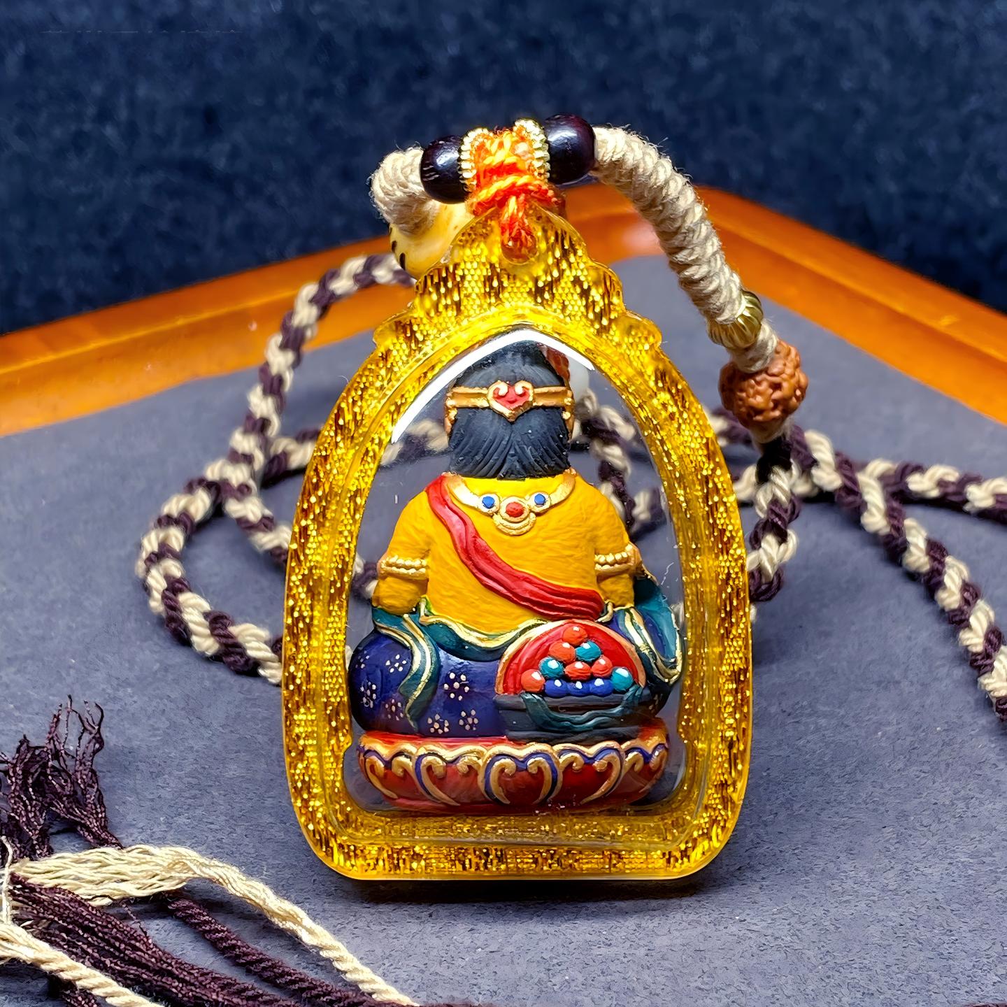 Tibetan Buddhist Jewelry Culture Tibetan Buddhist Yellow Jambhala multicolor 3D Tsa Tsa amulet pendant, handcrafted mineral pigment Jewelry art necklace