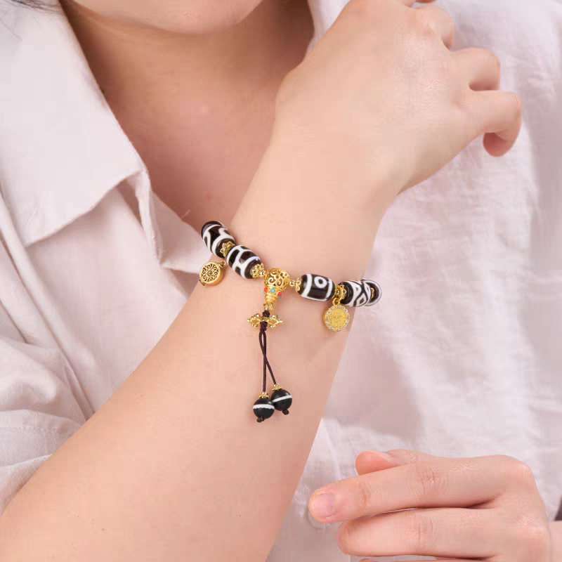 Lucky black and white barrel Dzi bracelet, handcrafted Tibetan Buddhist jewelry art, unisex agate bracelet for prosperity and protection