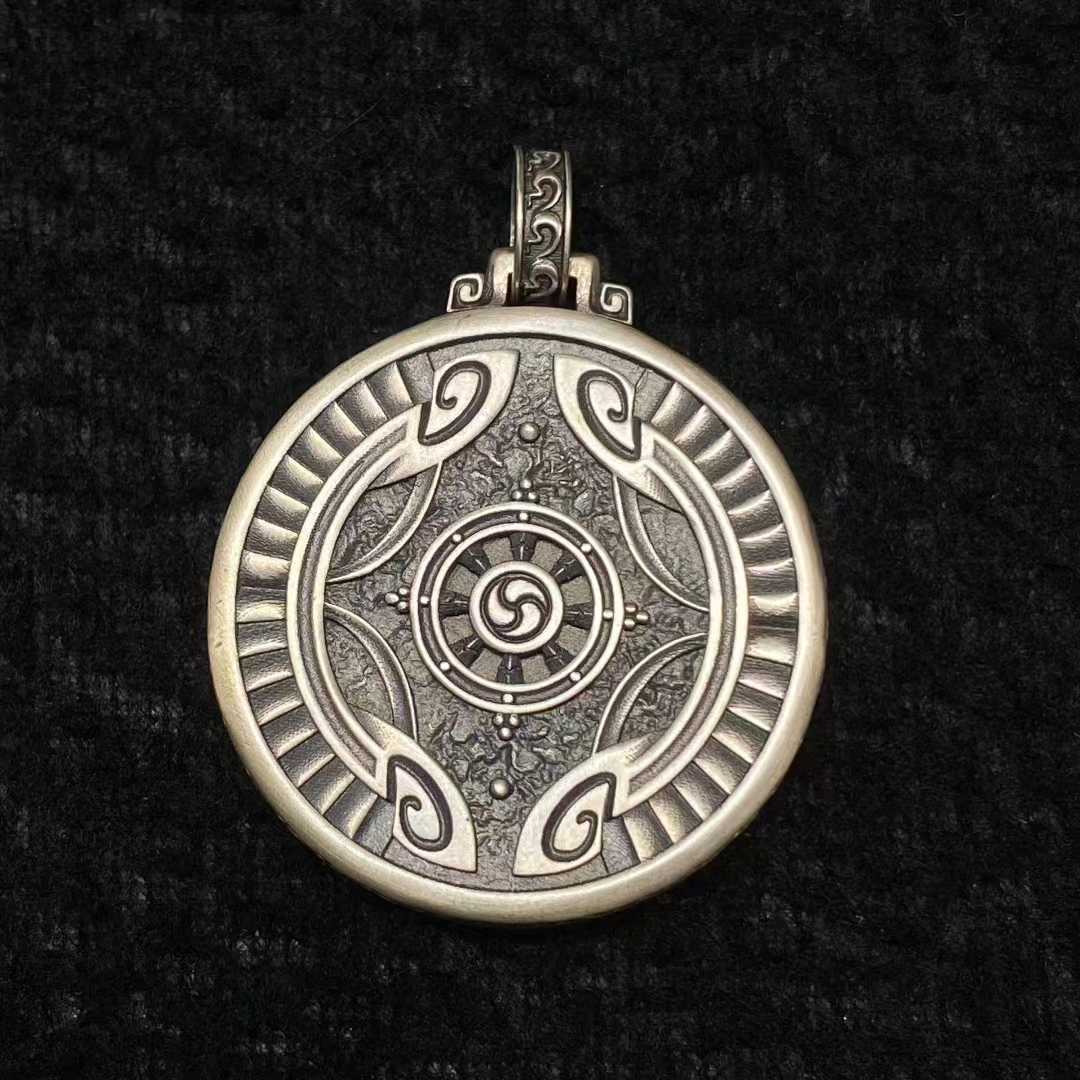 Close-up of S925 Zakiram Life Past & Present pendant with intricate inlay, showcasing Tibetan Buddhist Jewelry Culture and artistic jewelry details.