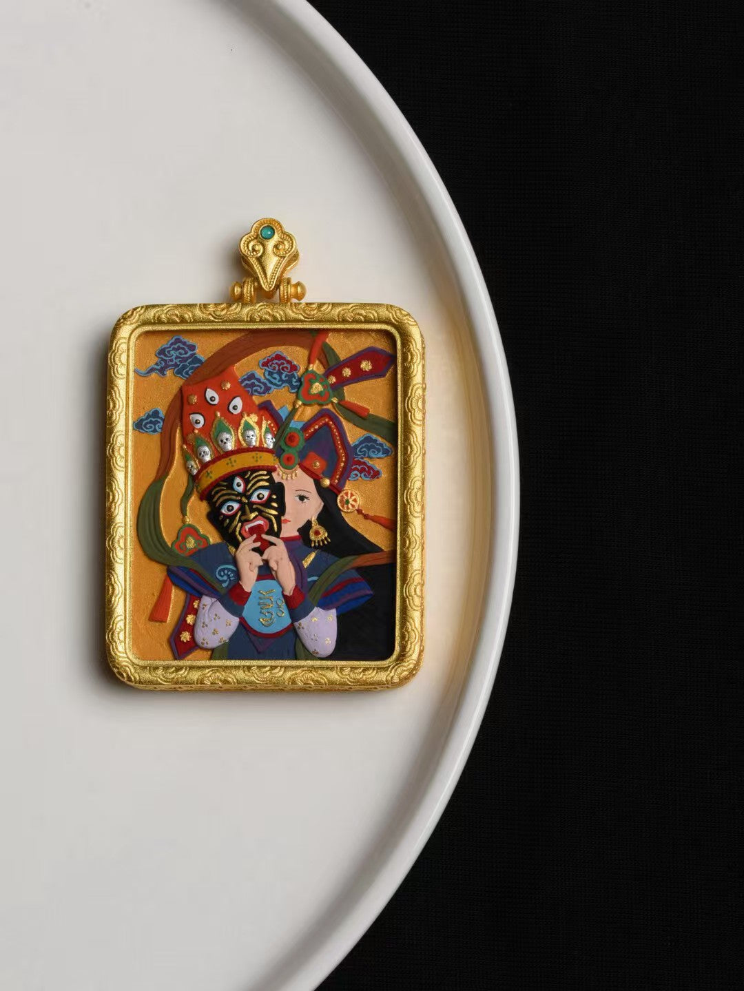 Handmade Zaki Ram thangka pendant inspired by Tibetan Buddhist jewelry culture, meaningful spiritual jewelry art.