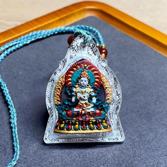 Tibetan Buddhist Jewelry Culture Zangshuo Vajrasattva handpainted Thangka pendant, handmade Tibetan Jewelry art necklace for spiritual protection