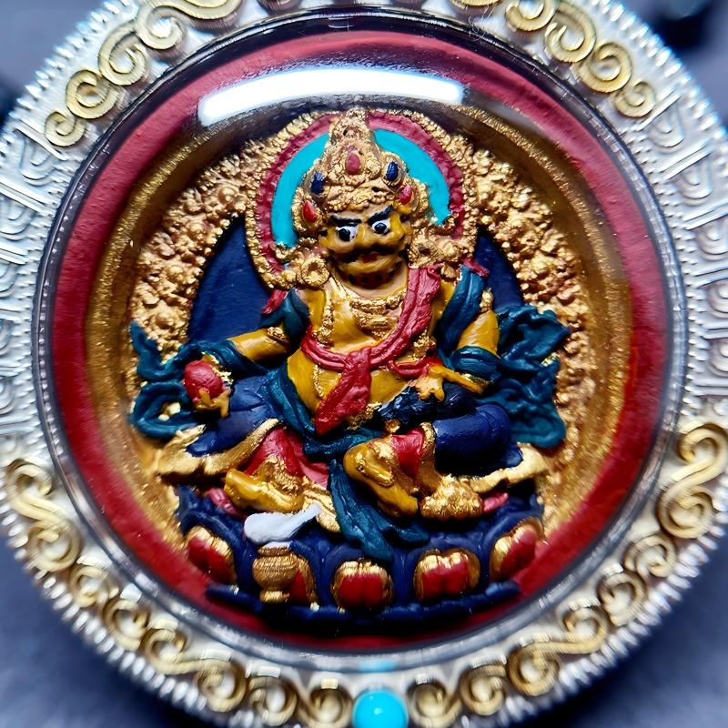 Tibetan Buddhist Jewelry Culture Zangshuo double-sided Yellow Black Jambhala handpainted silver Gawu box Thangka pendant, handmade Jewelry art for spiritual protection