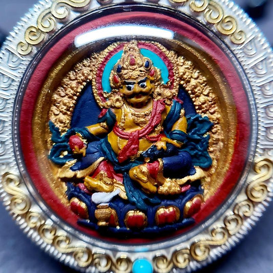 Tibetan Buddhist Jewelry Culture Zangshuo double-sided Yellow Black Jambhala handpainted silver Gawu box Thangka pendant, handmade Jewelry art for spiritual protection