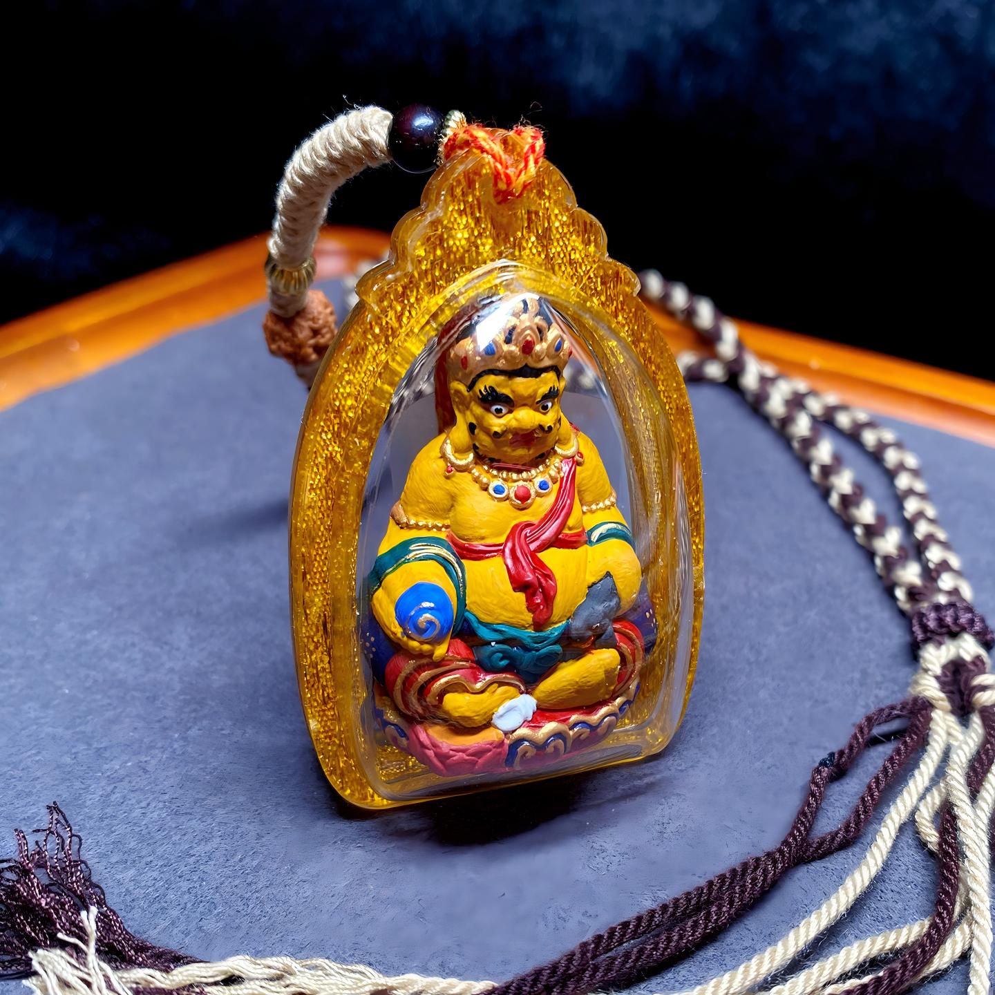 Tibetan Buddhist Jewelry Culture Zangshuo 3D Yellow Jambhala handpainted Thangka pendant, handmade Tibetan Jewelry art necklace for wealth and blessings