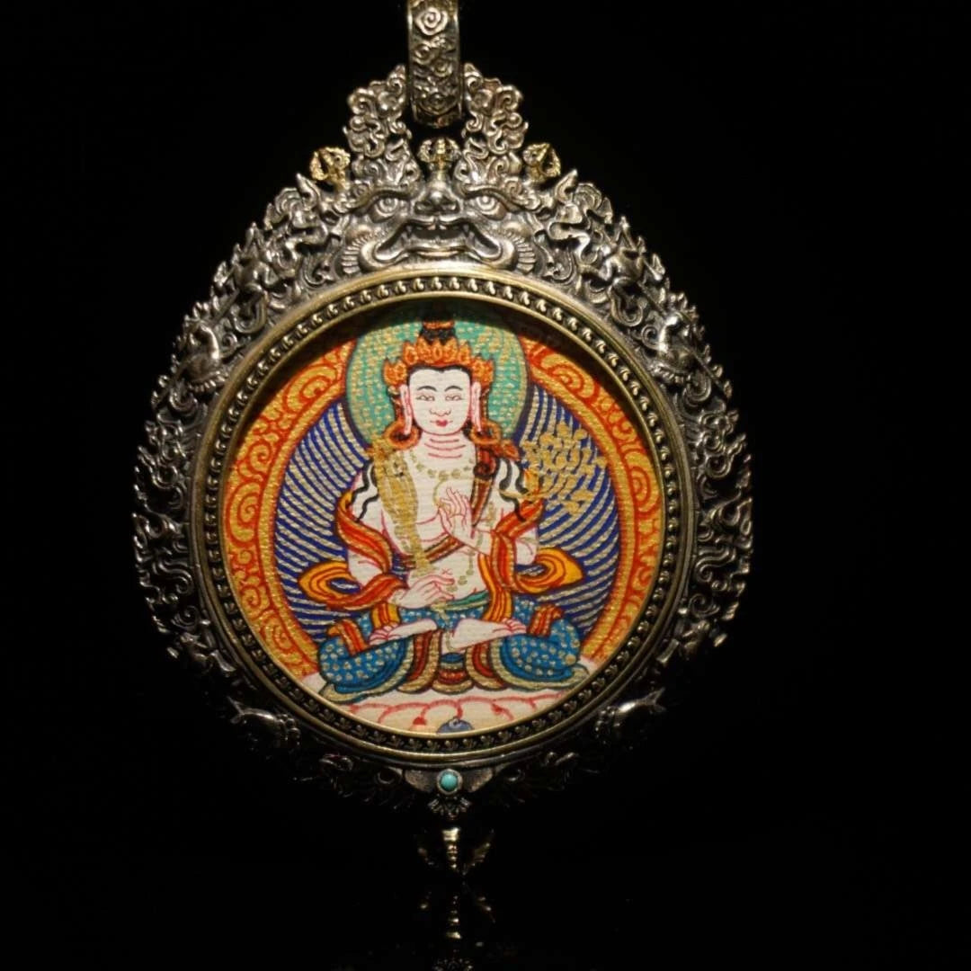 Hand-painted Tibetan Buddhist Regong guardian deity Thangka pendant Jewelry art