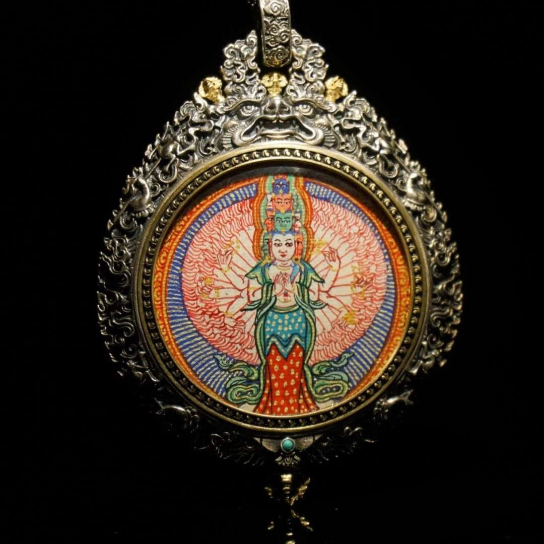 Sacred Regong hand-painted guardian deity Thangka pendant