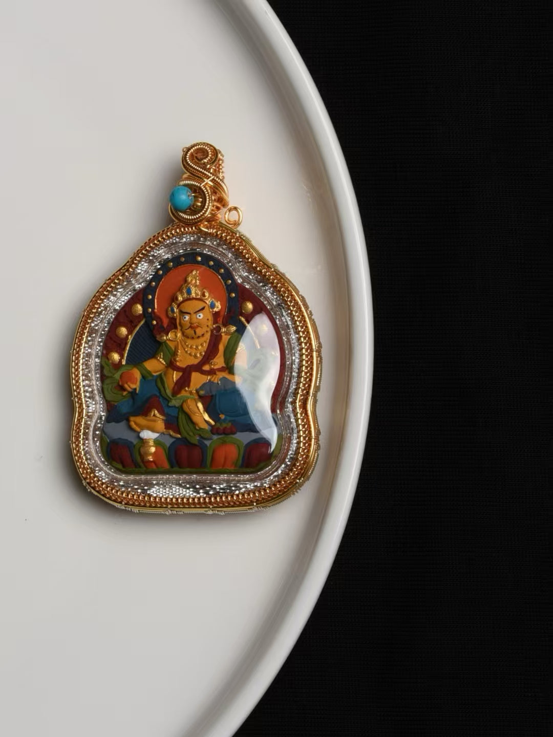 Hand-painted Yellow Jambhala Thangka pendant inspired by Tibetan Buddhist Jewelry Culture, sacred Jewelry art for wealth and prosperity