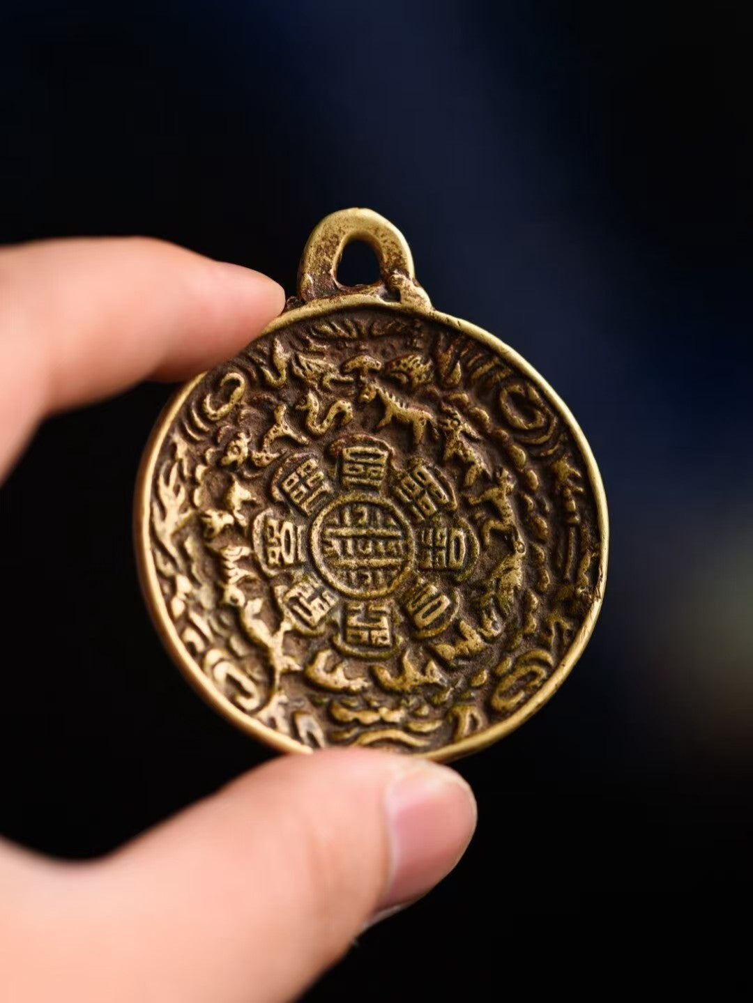 Blue water jade Hero Bear Nine Palace talisman pendant, handcrafted Jewelry art rooted in Tibetan Buddhist Jewelry Culture, symbolizing power and energetic balance.