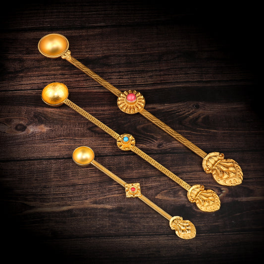 Handmade brass fire offering spoon for Tibetan Buddhist homa rituals, inspired by Tibetan Buddhist ritual implements culture and Buddhist ritual implements art