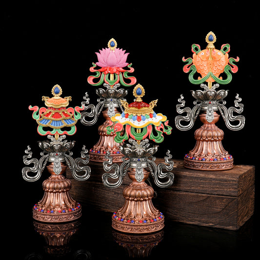 Handmade hand-painted mixed metal Ashtamangala inspired by Tibetan Buddhist ritual implements culture and refined Buddhist ritual implements art