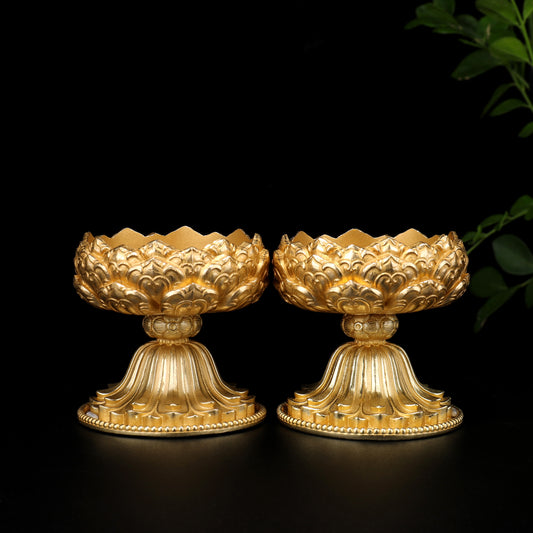 Brass lotus candle holder in Tibetan style for ritual offerings, inspired by Tibetan Buddhist ritual implements culture and Buddhist ritual implements art