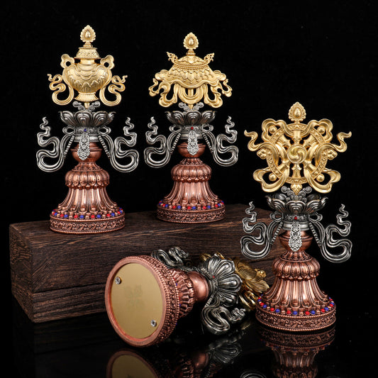 Handmade mixed metal eight auspicious symbols set inspired by Tibetan Buddhist ritual implements culture and refined Buddhist ritual implements art