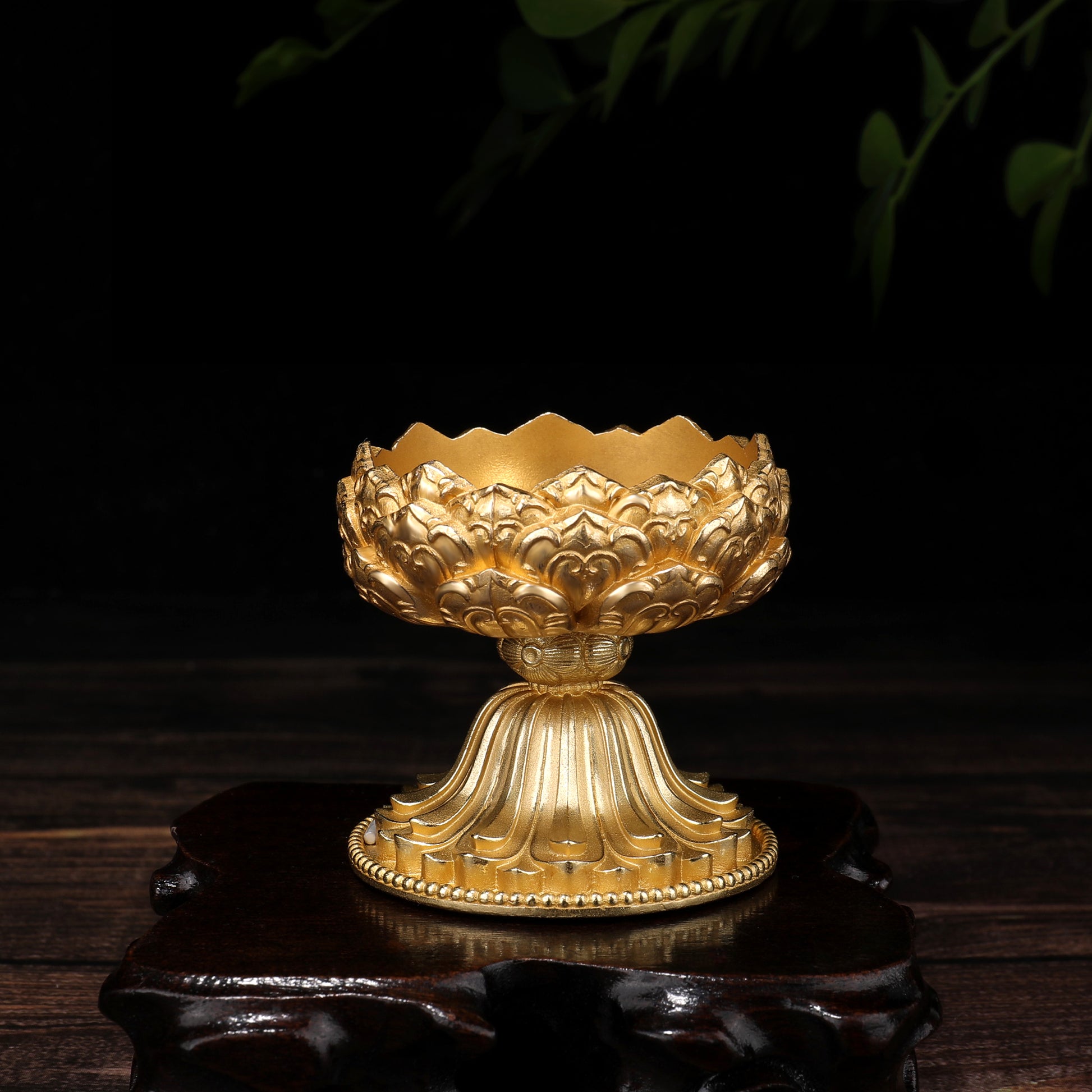 Handmade brass lotus offering candle holder sacred ritual piece, based on Tibetan Buddhist ritual implements culture and Buddhist ritual implements art