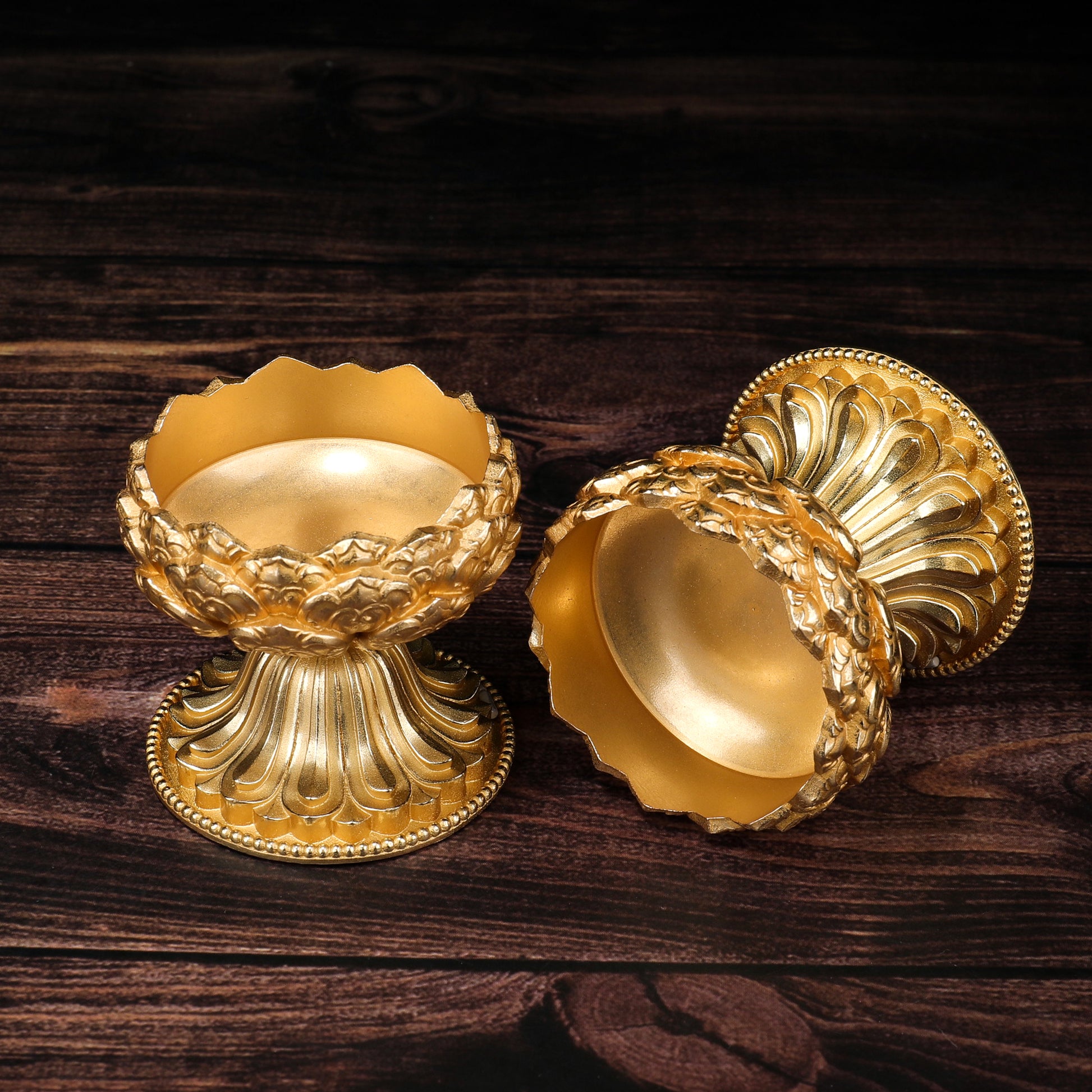 Pure handcrafted brass lotus candle stand for Buddhist offerings, reflecting Tibetan Buddhist ritual implements culture and Buddhist ritual implements art