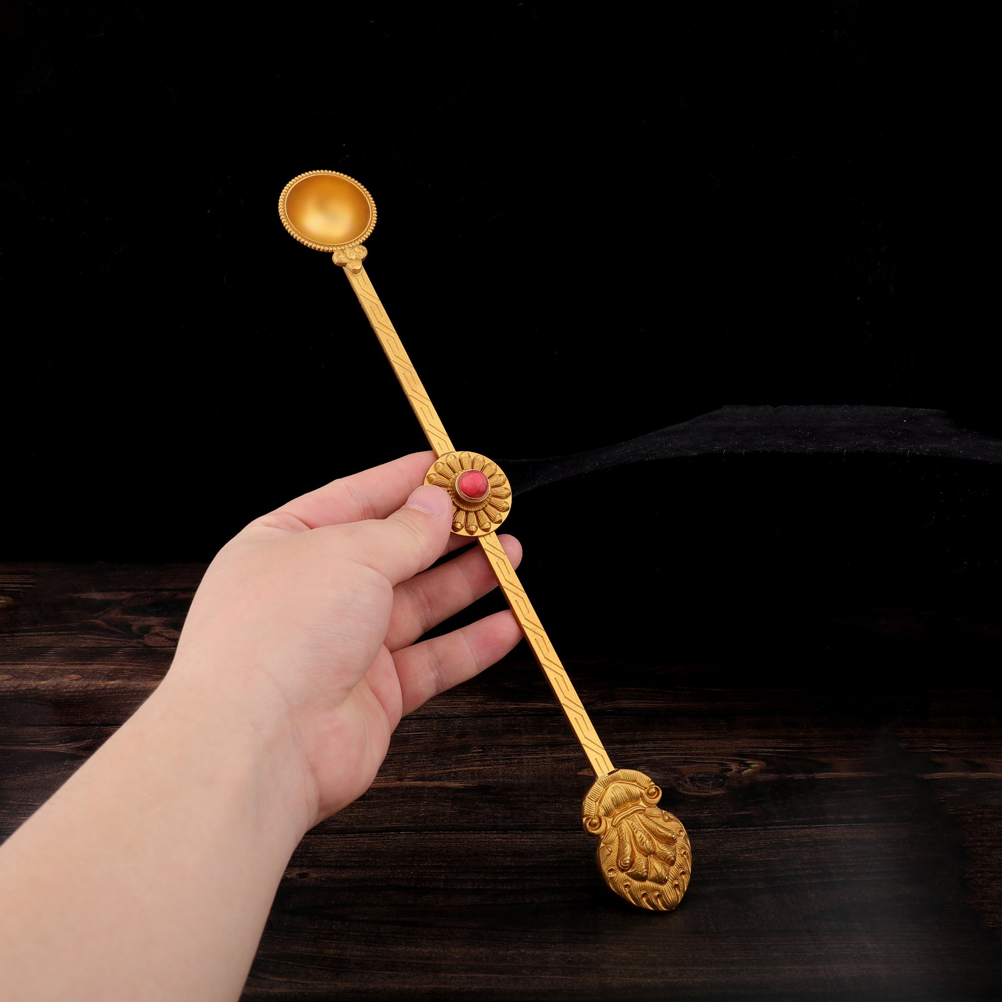 Brass fire offering spoon for Tibetan Buddhist homa ritual practice, handmade ritual implement inspired by Buddhist ritual implements art