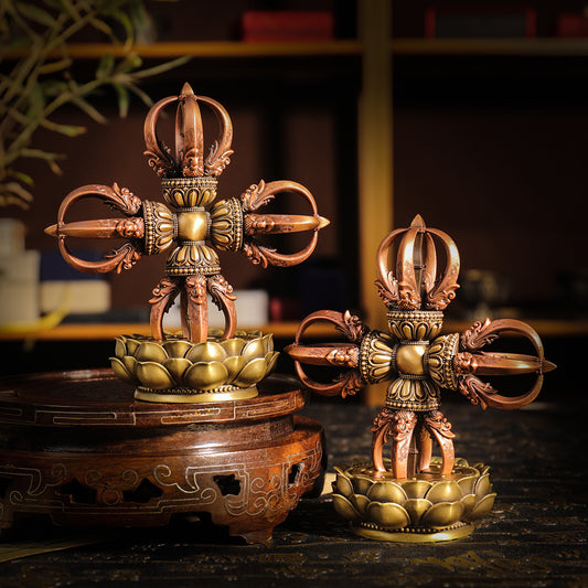 12cm handcrafted Cross Five-Pronged Vajra made from brass and copper, representing wisdom and protection in Tibetan Buddhism. Perfect for altars and meditation spaces.