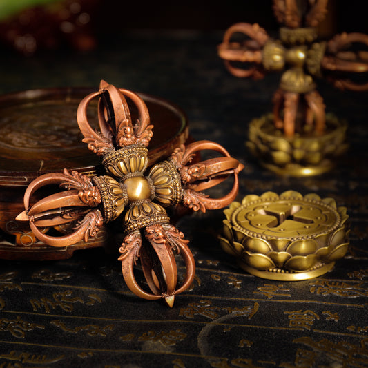 12cm Cross Five-Pronged Vajra, handcrafted from brass and copper, symbolizing the power of Tibetan Buddhist teachings. A beautiful addition to your altar or sacred space.