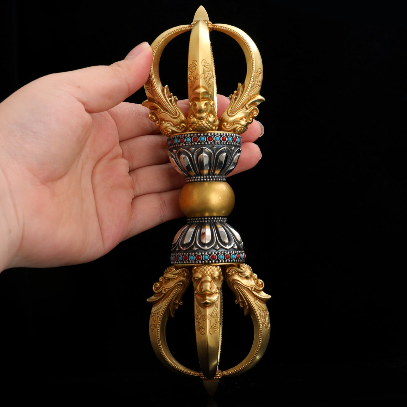Tibetan Buddhist ritual implements culture Handcrafted 20cm Vajra Five-Prong Brass White Copper
