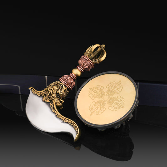 A beautifully handcrafted Vajra Axe made from brass, copper, and white copper, symbolizing protection and spiritual strength. Perfect for Tibetan Buddhist rituals and decor.