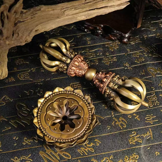 Handcrafted Brass Nine-Pronged Vajra, symbolizing protection and spiritual strength. Perfect for Tibetan Buddhist altars and rituals, ideal for meditation and protection.