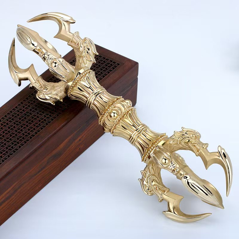"Handcrafted Brass Five-Prong Vajra handle, symbolizing protection and wisdom in Tibetan Buddhism. Perfect for rituals, meditation, and spiritual decor."