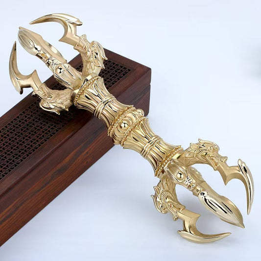 "Handcrafted Brass Five-Prong Vajra handle, symbolizing protection and wisdom in Tibetan Buddhism. Perfect for rituals, meditation, and spiritual decor."