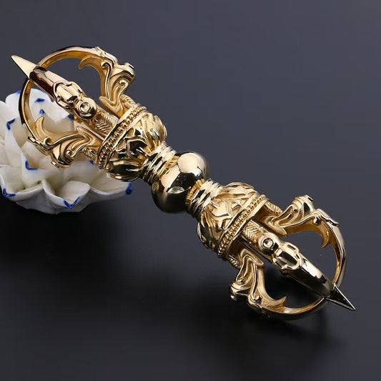 Handcrafted Brass Five-Prong Vajra handle, symbolizing wisdom and spiritual protection in Tibetan Buddhism. Perfect for rituals, meditation, and home decor."