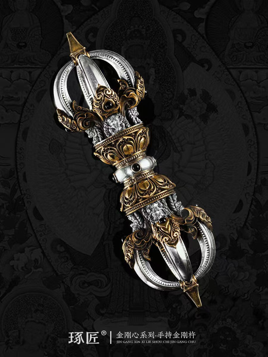 Handcrafted Brass Five-Prong Vajra handle for demon subduing, symbolizing the triumph of wisdom and protection in Tibetan Buddhism. Perfect for spiritual practices