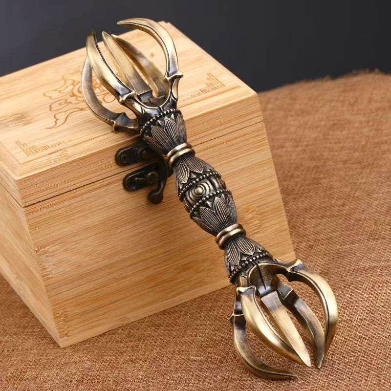 "Brass Five-Prong Vajra, handcrafted to perfection. A spiritual art piece representing protection, strength, and wisdom in Tibetan Buddhist rituals and meditation."
