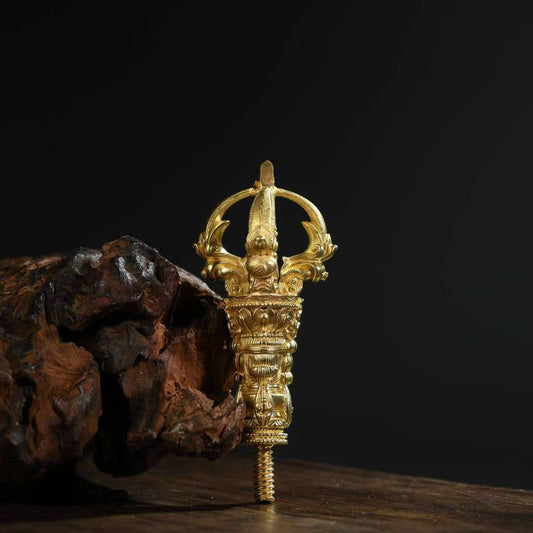 Handcrafted brass five-pronged Vajra Phurba, symbolizing spiritual strength and protection. Ideal for Tibetan Buddhist rituals, meditation, and esoteric practices.