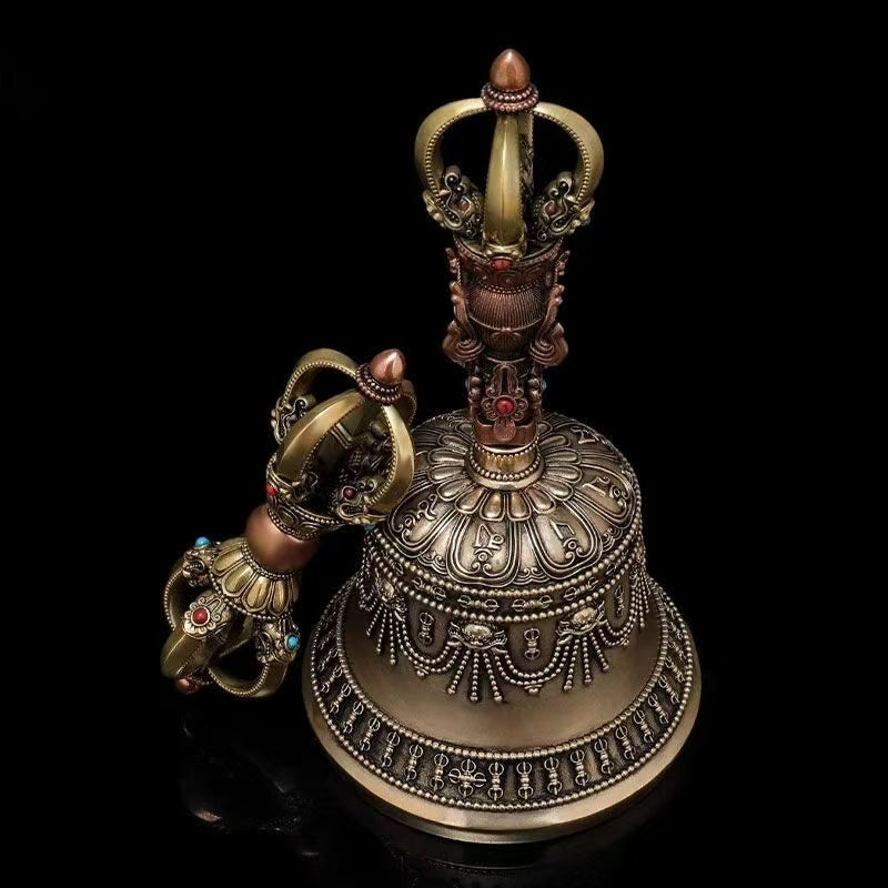 Handcrafted Brass Five-Pronged Vajra Bell featuring Eight Auspicious Symbols, a Tibetan Buddhist ritual tool used for spiritual purification and protection. Perfect for home altars, meditation spaces, and spiritual practice.