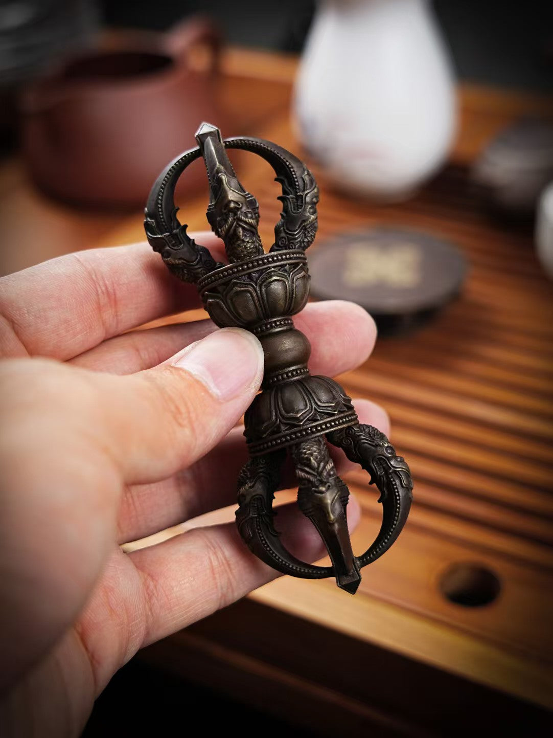 Handheld Five-Pronged Vajra made from brass, crafted by hand, symbolizing spiritual protection and wisdom. Ideal for meditation, rituals, and Tibetan Buddhist practices.
