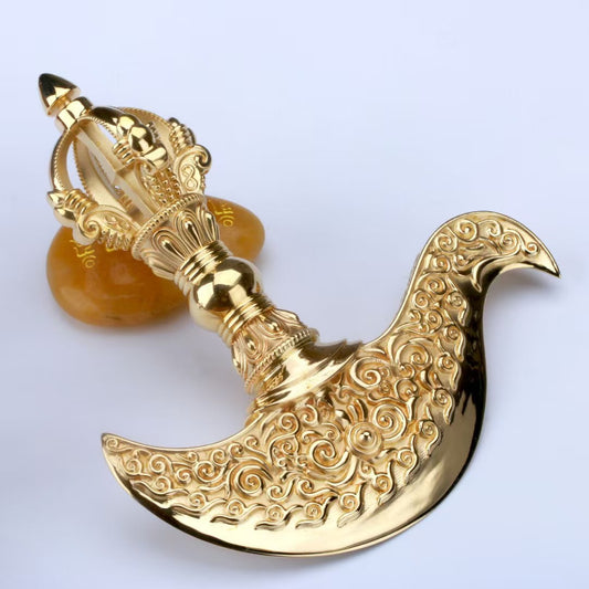 Handcrafted brass Five-Pronged Vajra & Nine-Pronged Axe from Tibetan Buddhist ritual implements culture, powerful Buddhist ritual implements art for spiritual strength and protection.