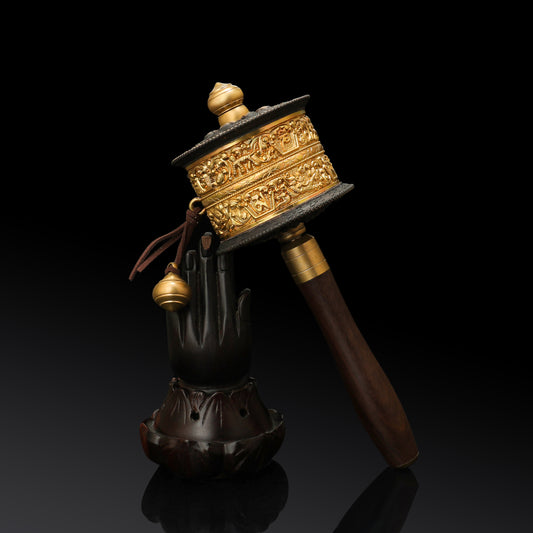 Tibetan Buddhist ritual implements culture Double-layer Hand-held Prayer Wheel Gold and Blue Brass with Wooden Handle
