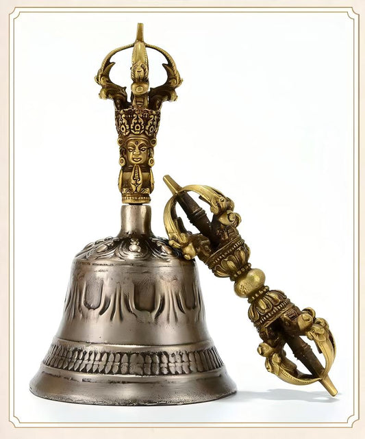 This exquisite handcrafted Five-Pronged Bell made of brass is a unique Tibetan Buddhist ritual implement. Perfect for spiritual practices, meditation, and collection.