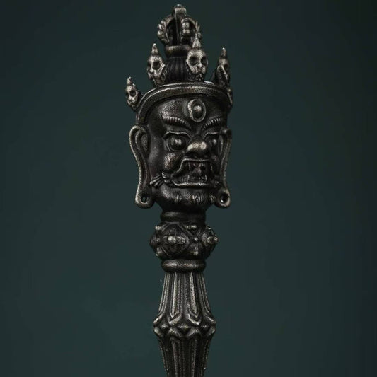 Handcrafted brass Phurba base in Tibetan Buddhist ritual implements culture, featuring a large pedestal design used for spiritual protection and altar display. A fine example of Buddhist ritual implements art.